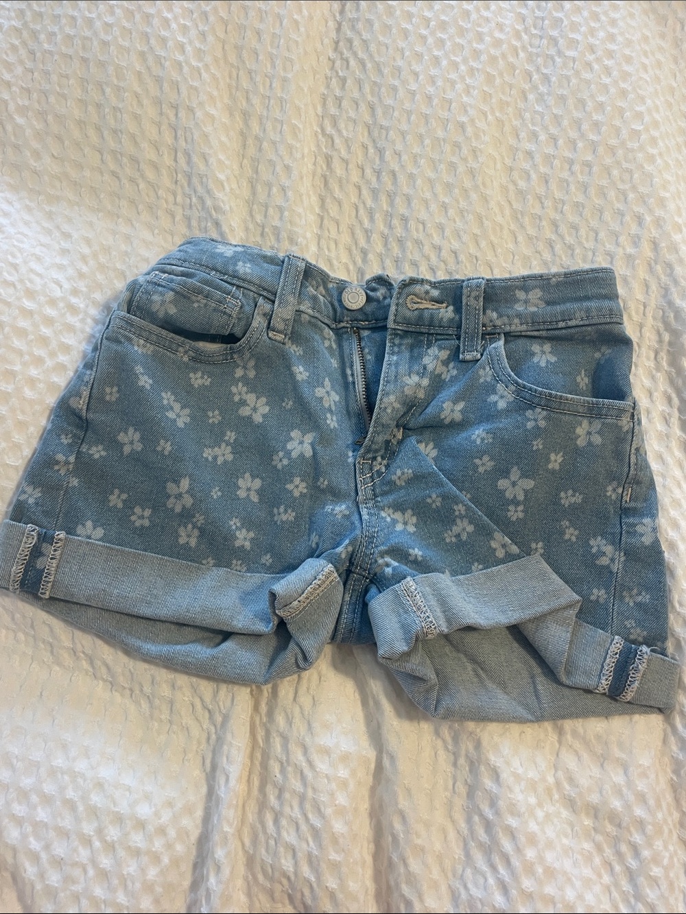 Old Navy Girls Light Blue Floral Denim Roll-Cuff Shorts
